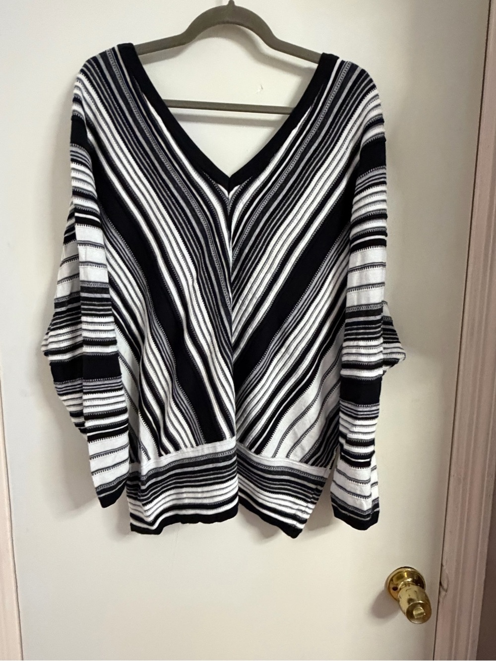 Lane Bryant Striped V-Neck Knit Sweater- Black & White